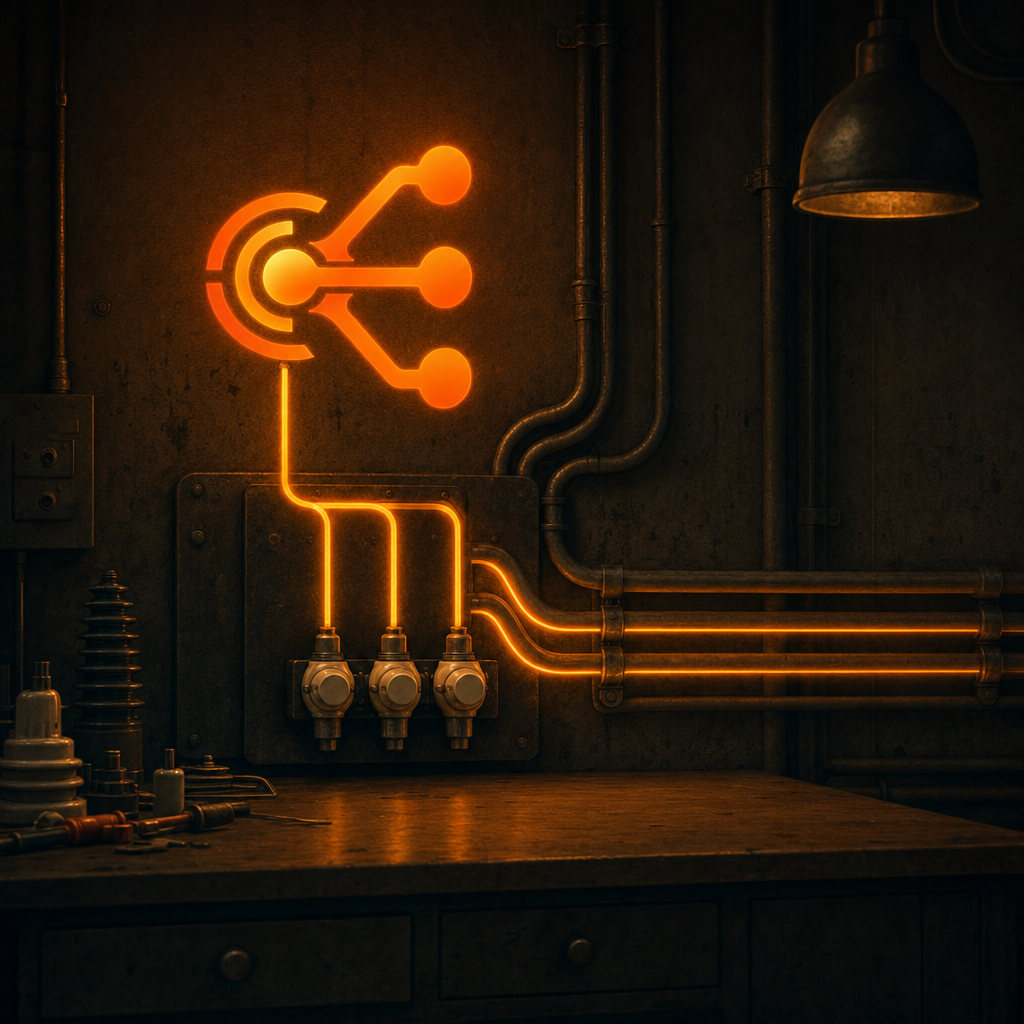 The Trigger emblem glowing on a dark workshop wall, three lit wires running down into three fuses beside old pipes and a bench lamp